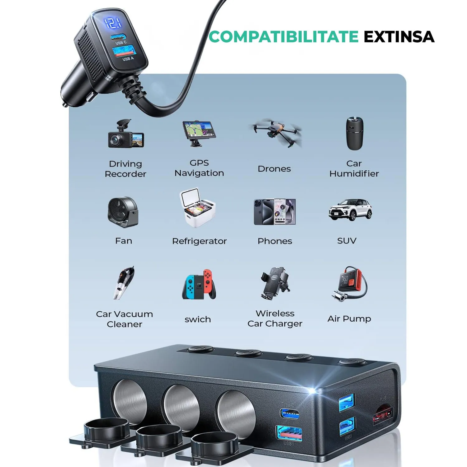 Timebox adaptor bricheta auto 9 in 1 191W negru