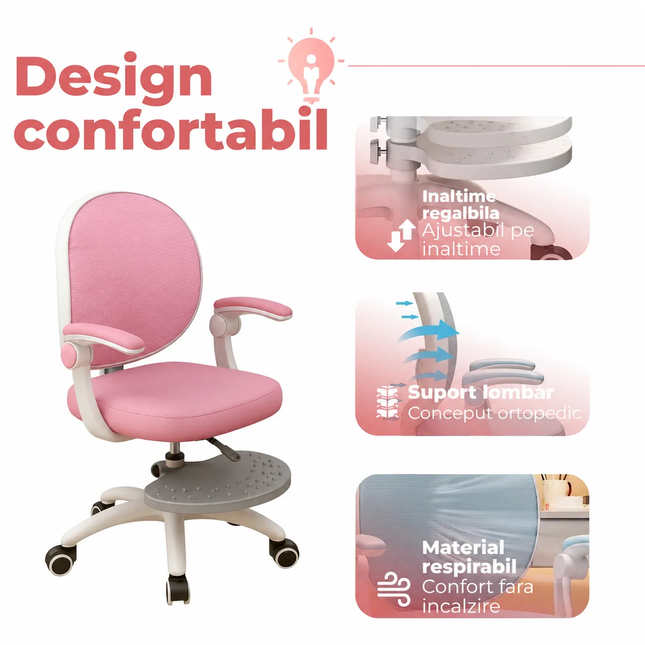 Timebox scaun birou copii roz ergonomic reglabil