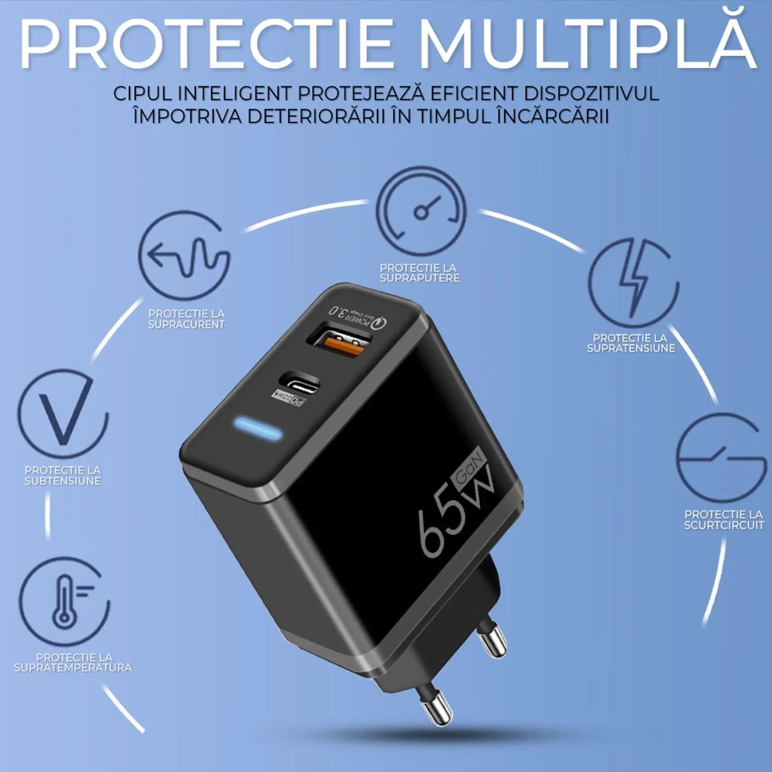 Timebox incarcator retea 65W 2 porturi Type-C negru