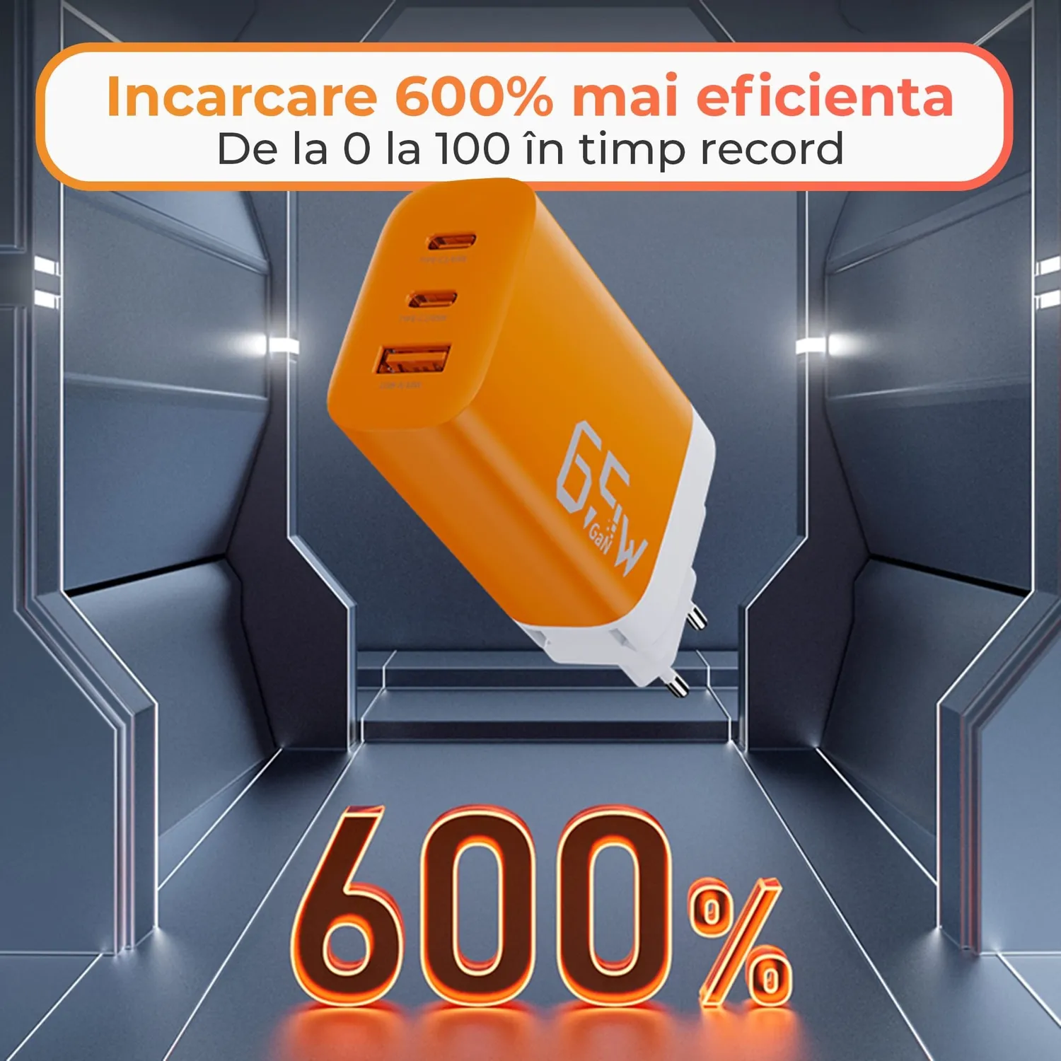 Timebox 65W 3 Porturi incarcator retea portocaliu