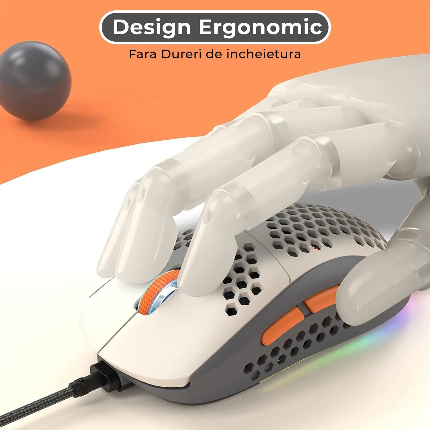 Timebox mouse gaming USB 6400 DPI RGB alb portocaliu usor