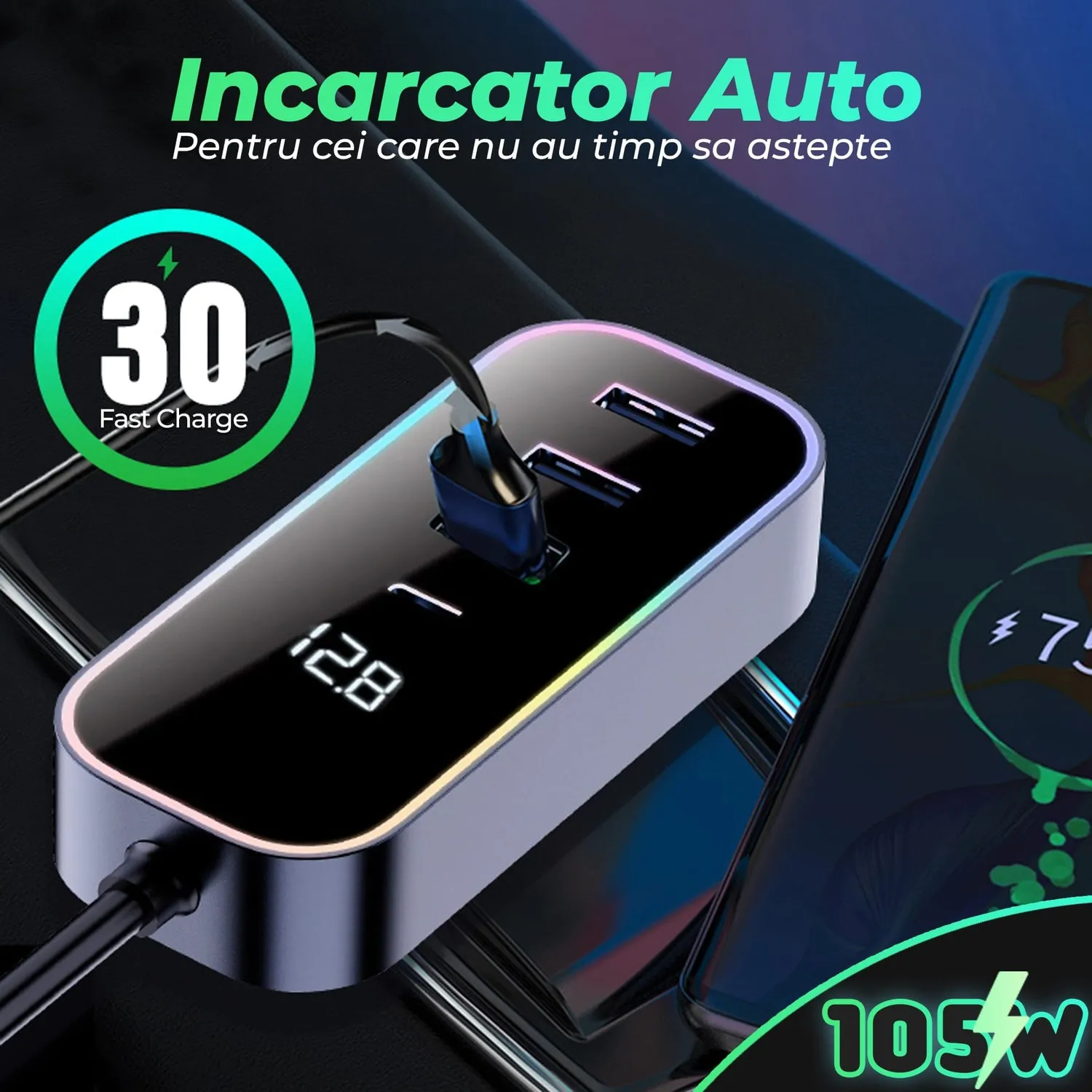 Incarcator auto Timebox 105W 5 in 1 USB Type-C RGB negru