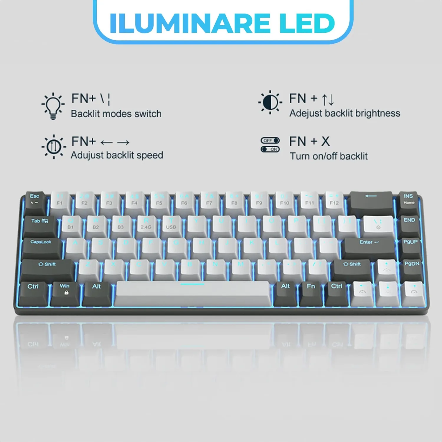 Timebox tastatură gaming mecanică 65% wireless LED