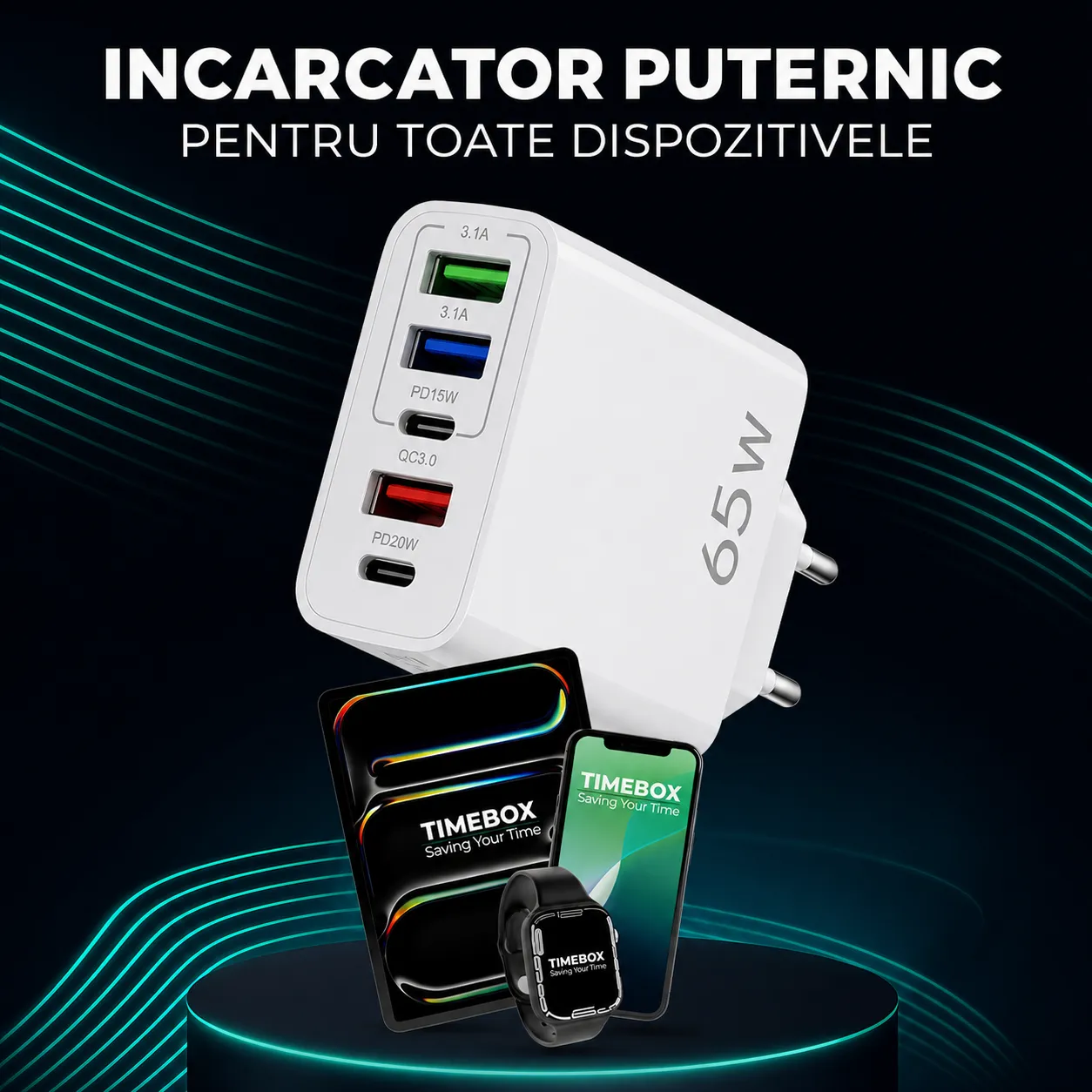Statie Timebox incarcare 65W 5 porturi alb Lightning