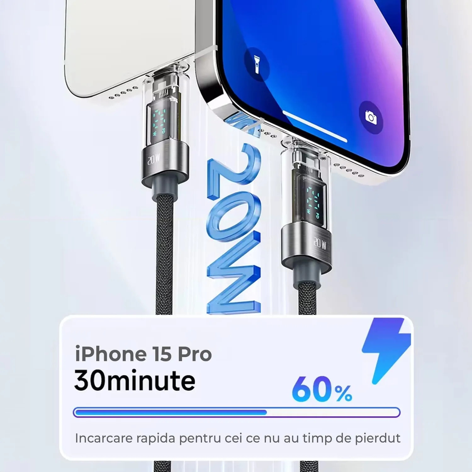 Timebox Cablu USB-C la Lightning 20W 2m gri nylon