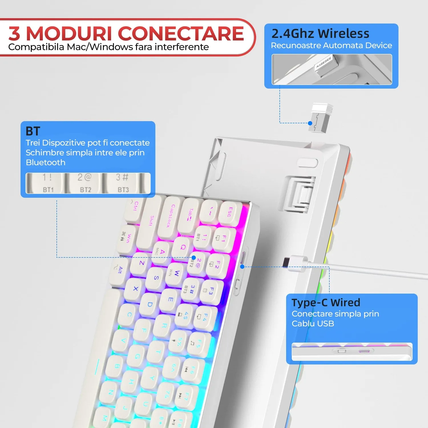 Timebox Tastatura Mecanica Gaming Brown Switch Wireless Alba RGB