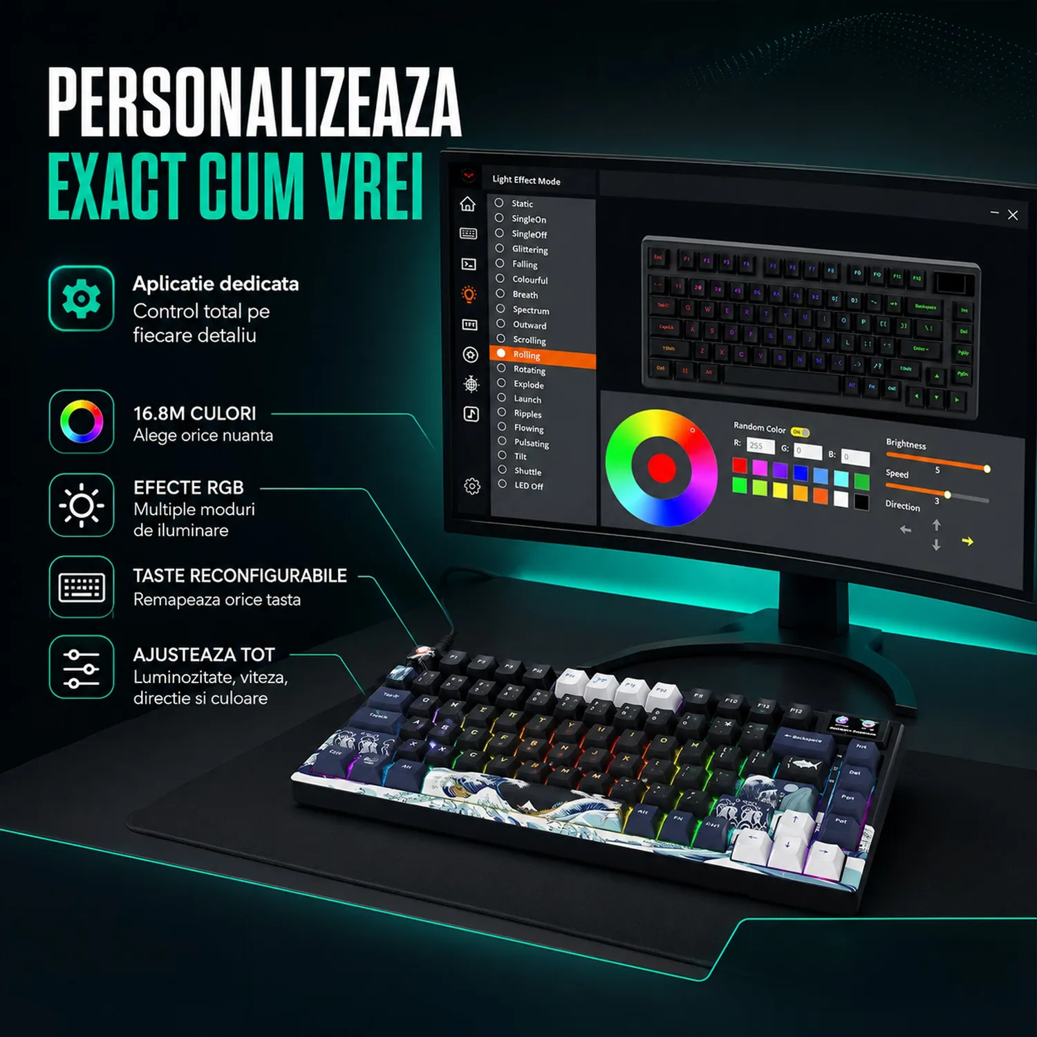 Timebox 75% tastatură gaming mecanică neagră hot-swap