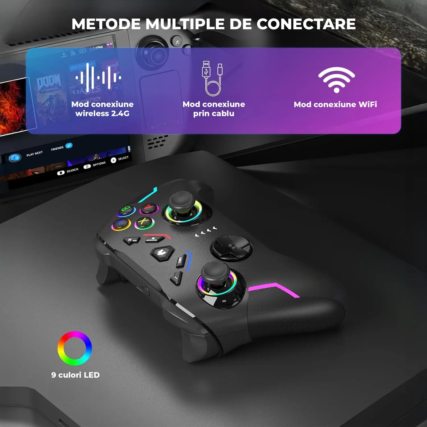 Controller wireless Timebox Switch Steam Deck negru RGB