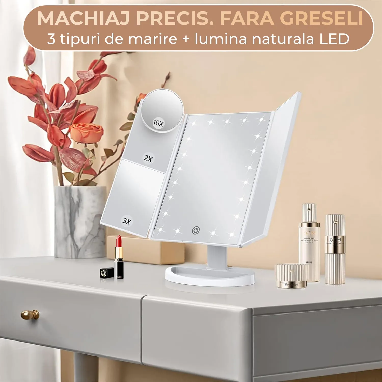 Timebox oglinda cosmetica LED 2X 3X 10X USB