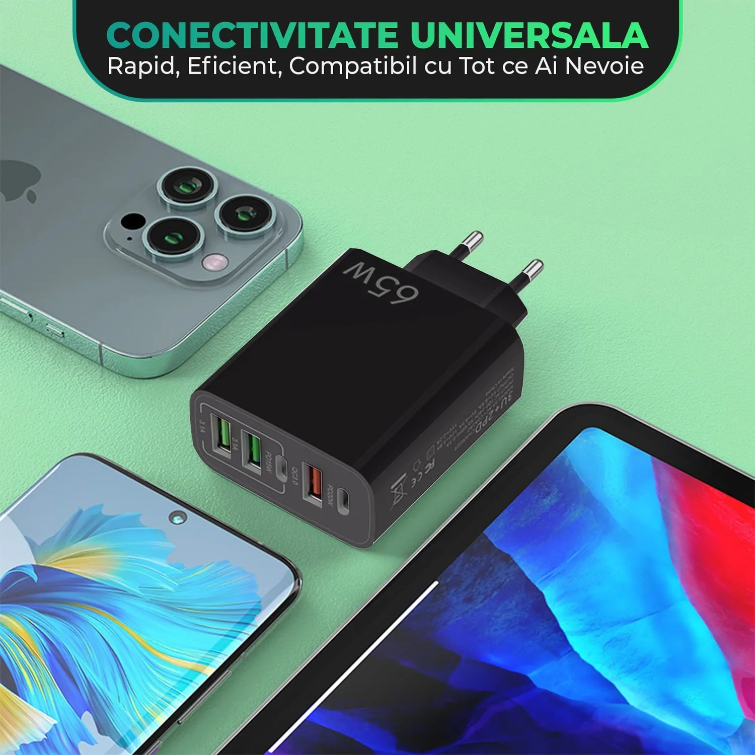 Timebox Incarcator Retea 65W 5 Porturi Negru Type-C