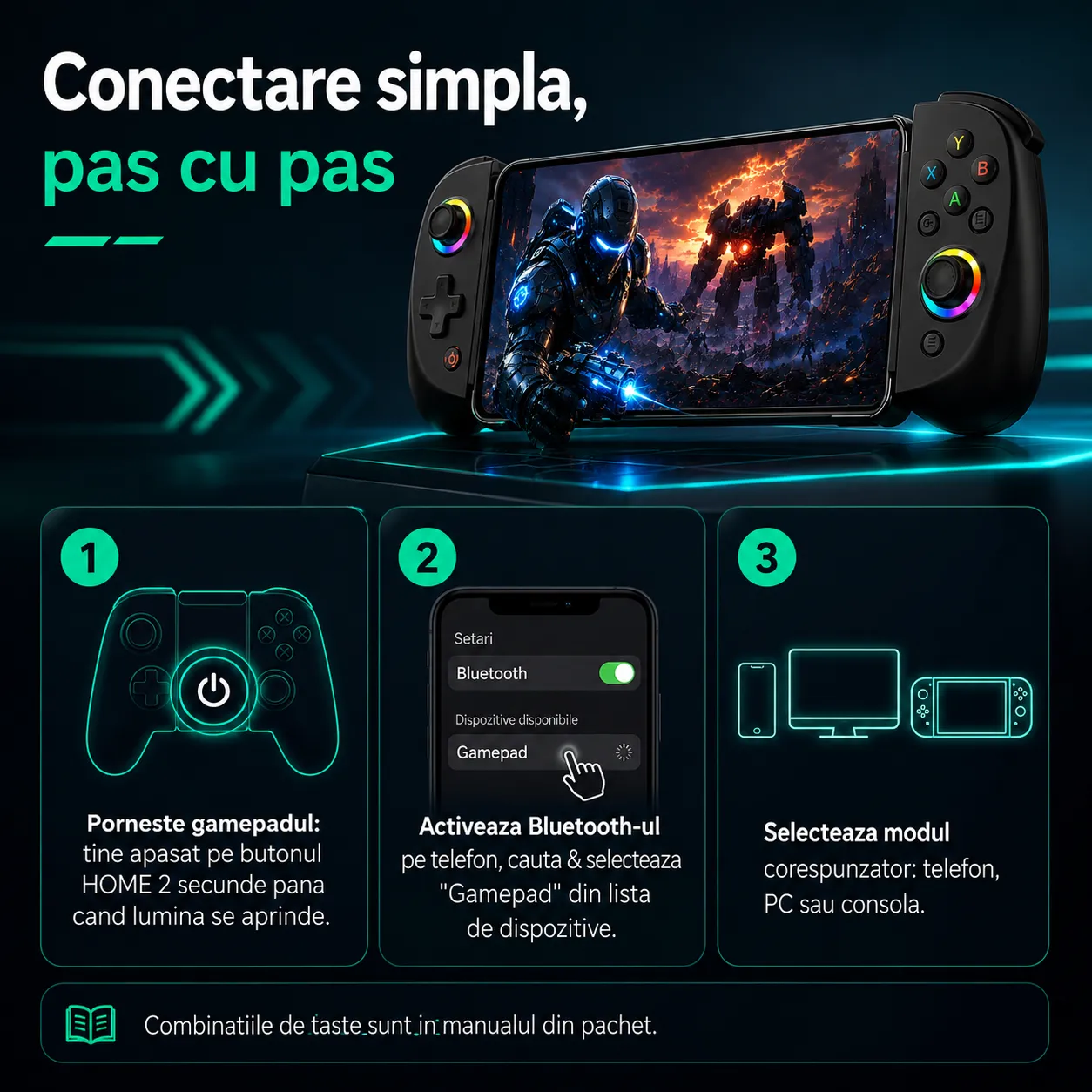 Timebox gamepad wireless Hall Bluetooth 5.0 RGB negru