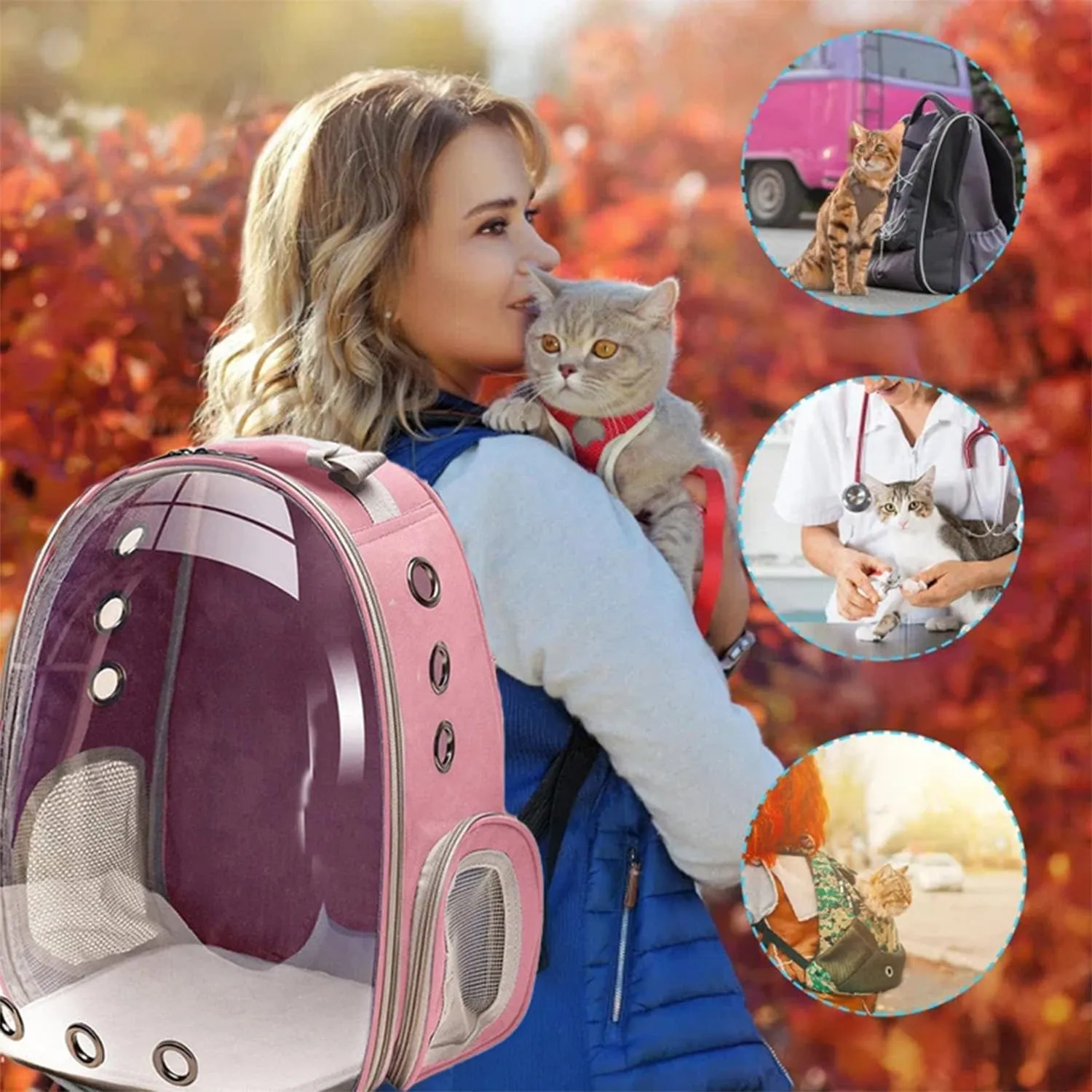 Rucsac pisici Timebox transparent roz ventilatie