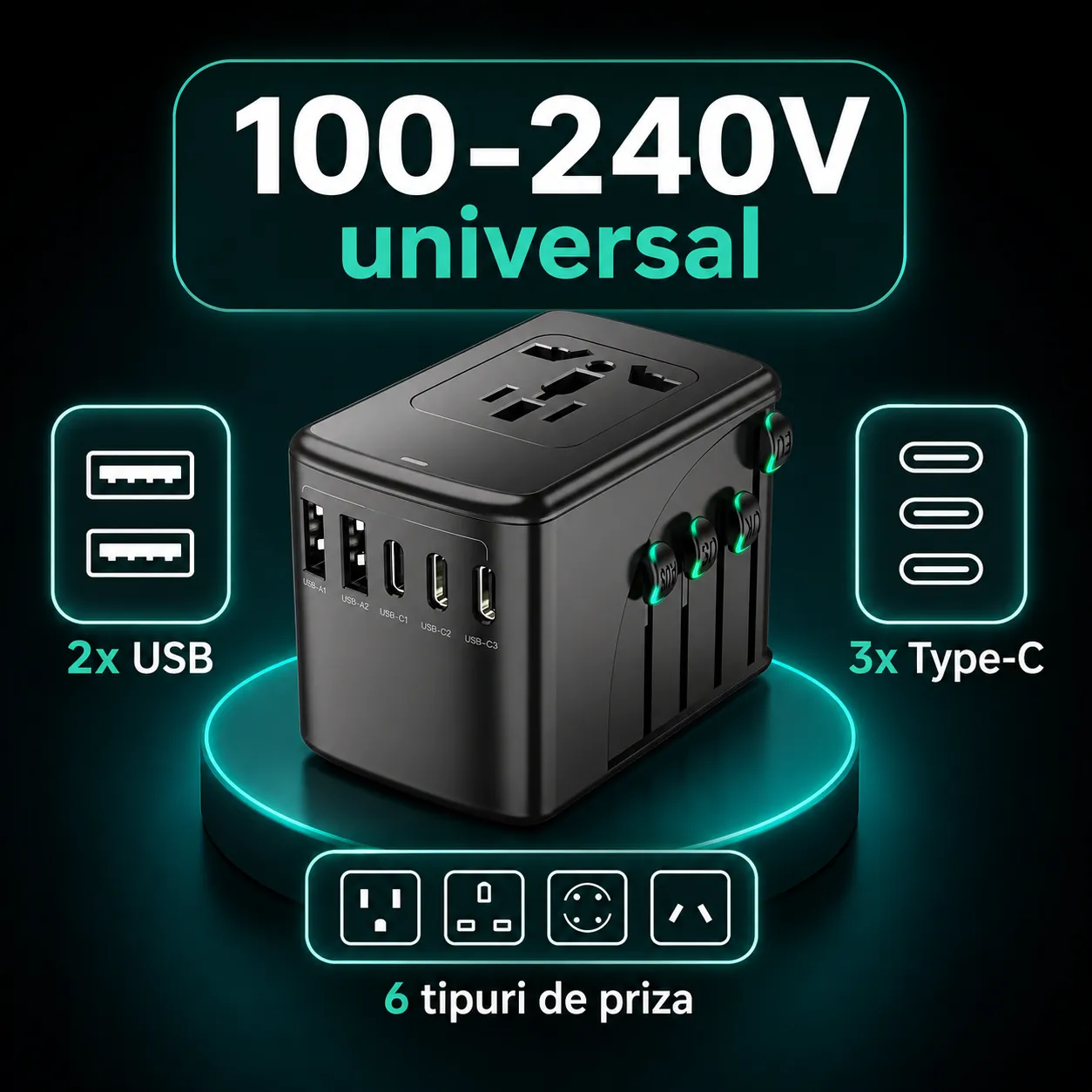 Timebox Adaptor Universal Priza Voiaj 5 Porturi Negru