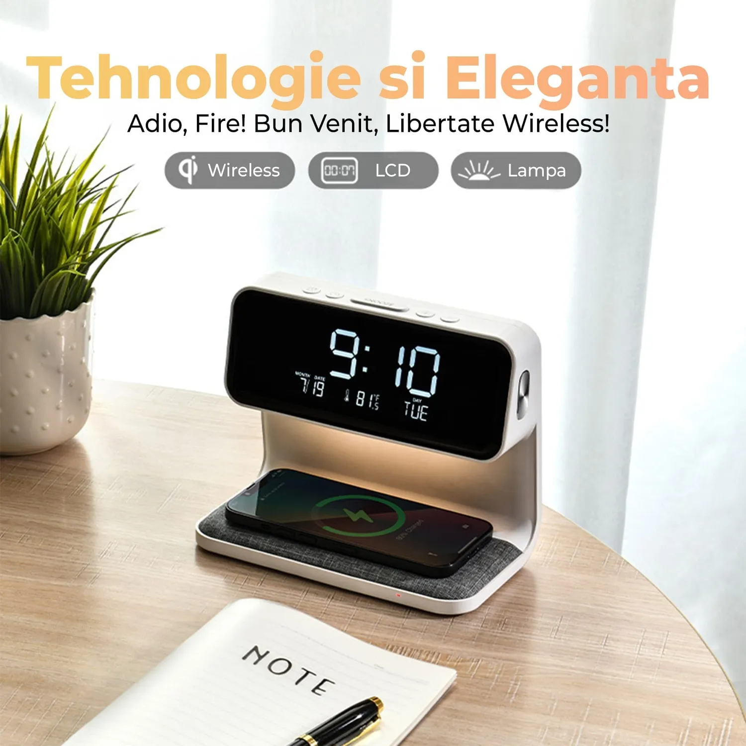 Timebox incarcator wireless 10W cu ceas alb