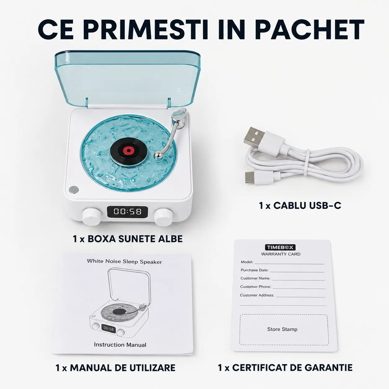 Timebox boxa portabila Vinyl alba Bluetooth ceas proiector