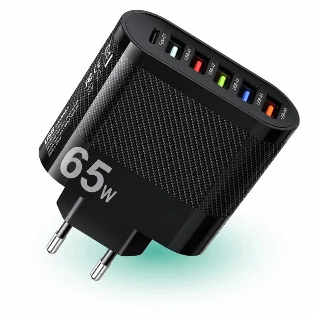 Încărcător rețea Timebox 65W 6 porturi Type-C USB negru rapid