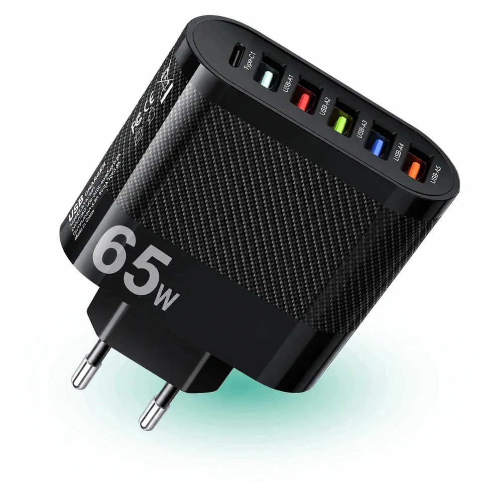 Încărcător rețea Timebox 65W 6 porturi Type-C USB negru rapid