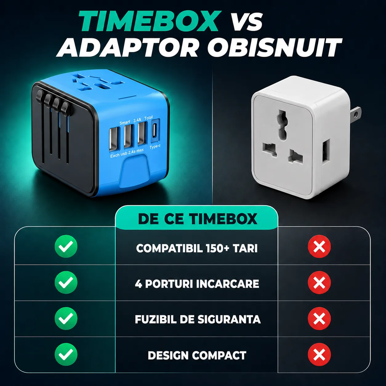 Timebox Adaptor priză călătorie 3 USB + Type-C albastru