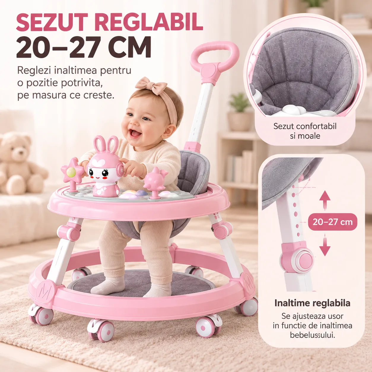 Timebox premergător bebe cu mâner roz muzică