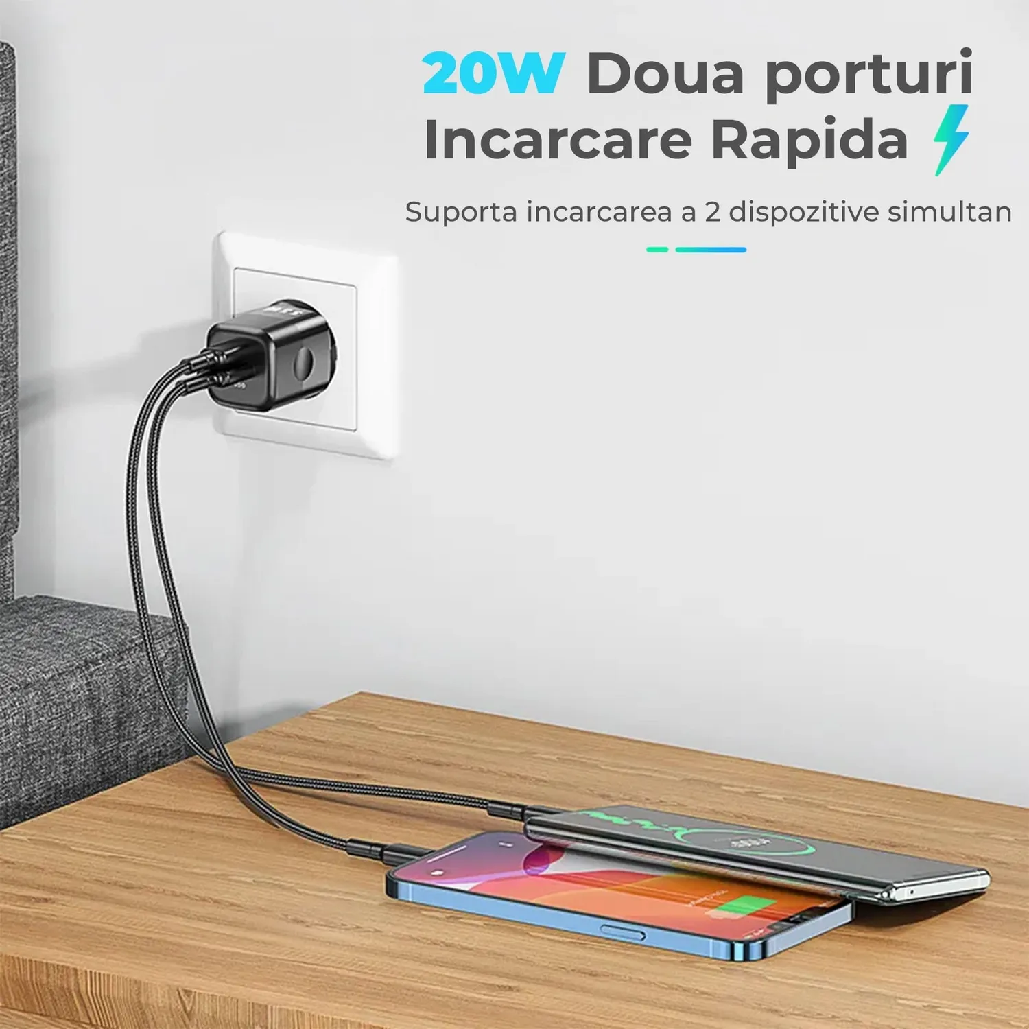 Timebox 20W incarcator retea negru 2 porturi