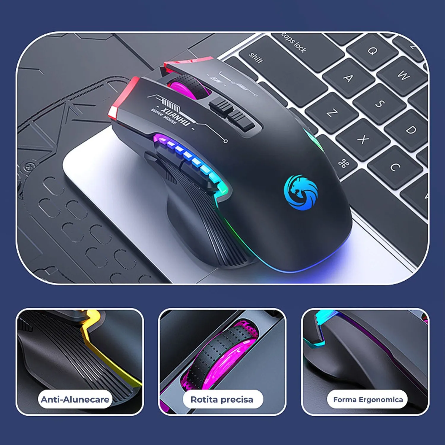 Timebox Mouse Gaming Wireless 3200 DPI RGB Negru Type-C