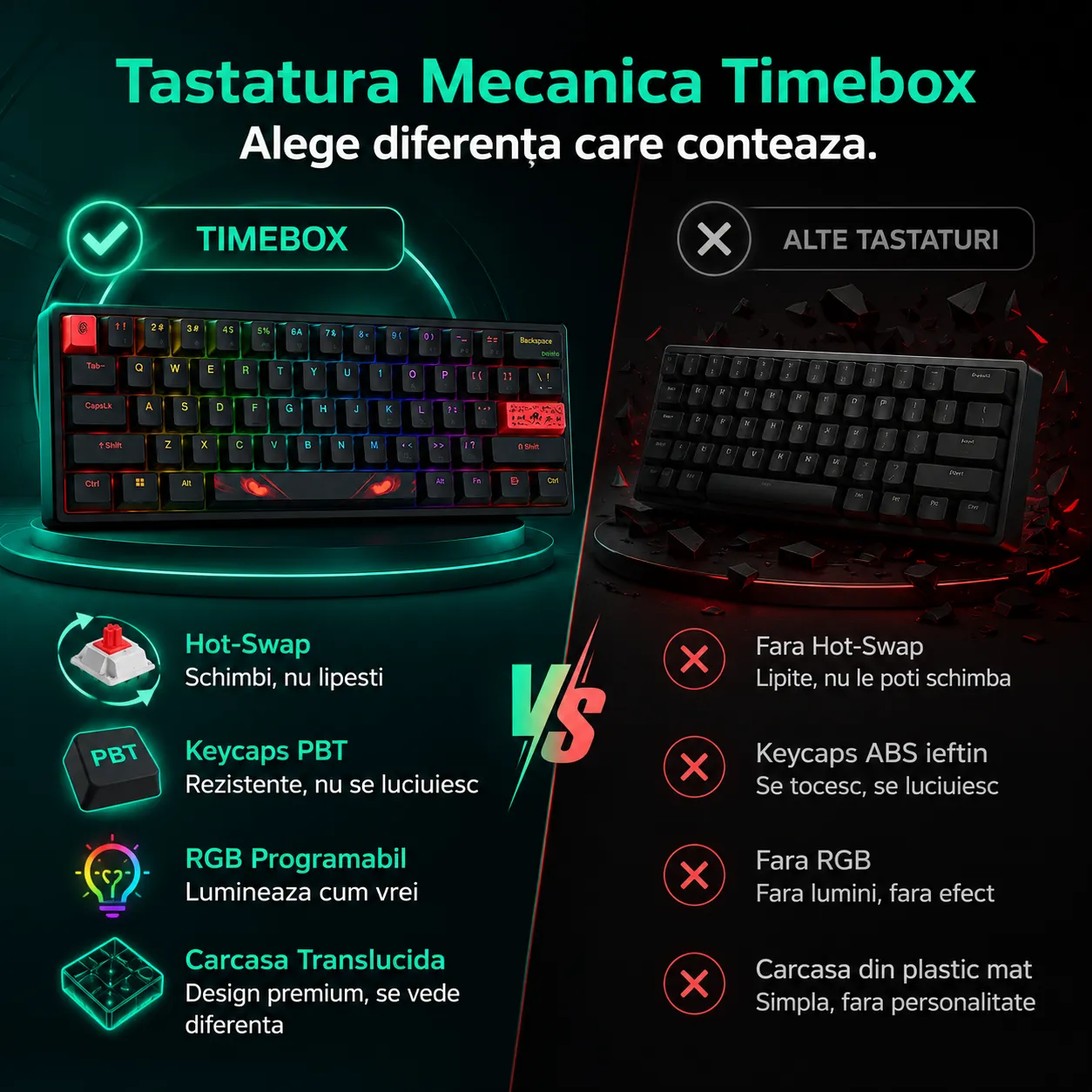 Timebox Tastatura Gaming Mecanica 60% Hot-Swap RGB Neagra