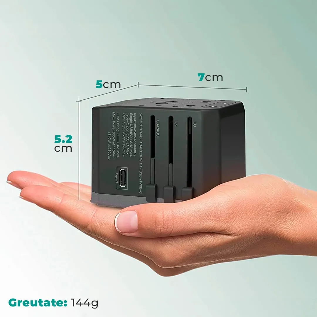 Timebox adaptor priza calatorie universal 4 USB Type-C gri