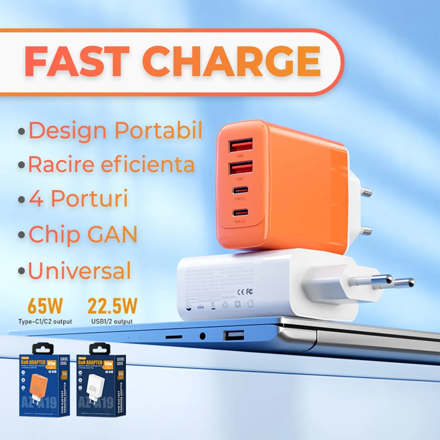 Timebox Încărcător Rețea 65W 4 Porturi Alb Fast Charge