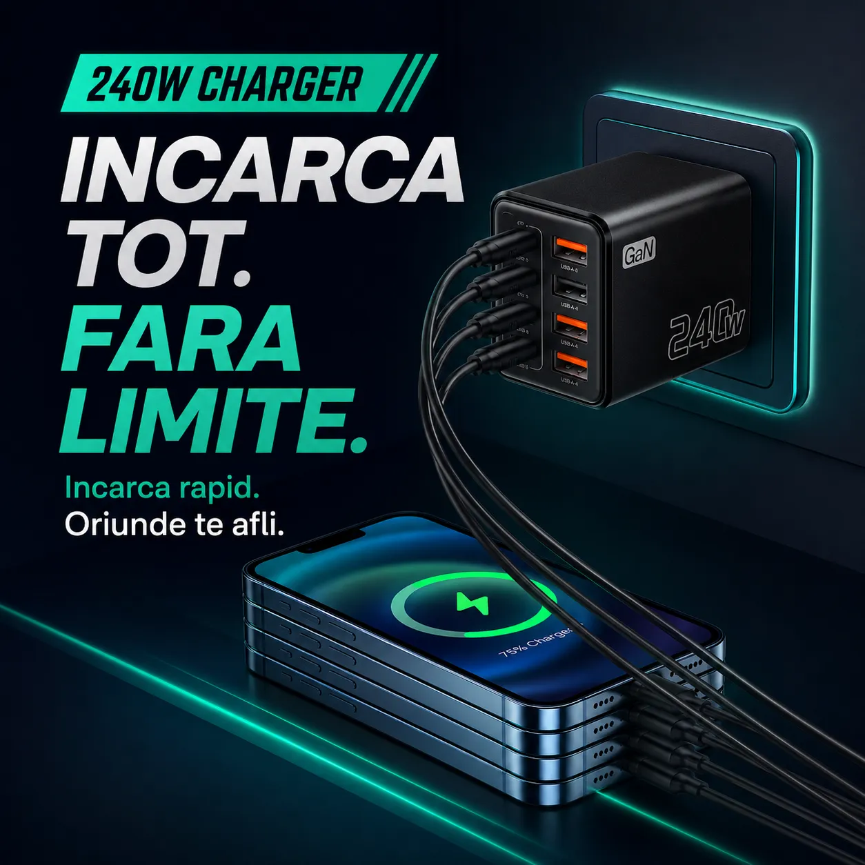 Timebox 240W incarcator GaN 8 porturi USB-C USB-A