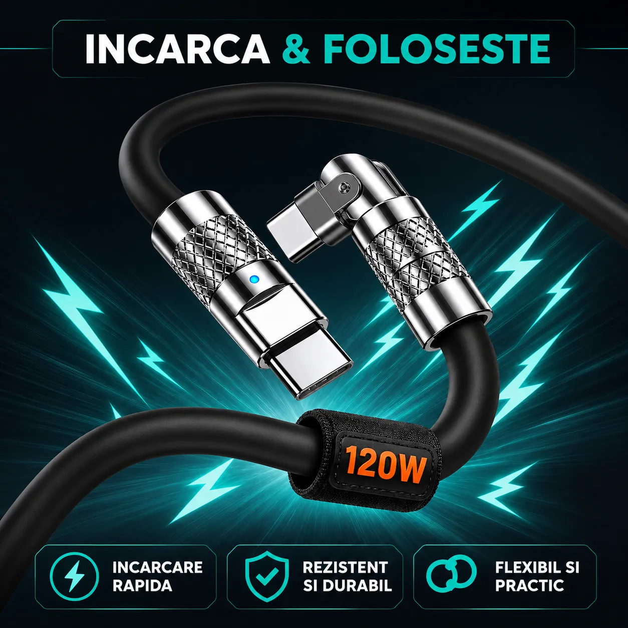 Timebox Cablu Type-C 120W Negru 1,5m cu LED QC 3.0