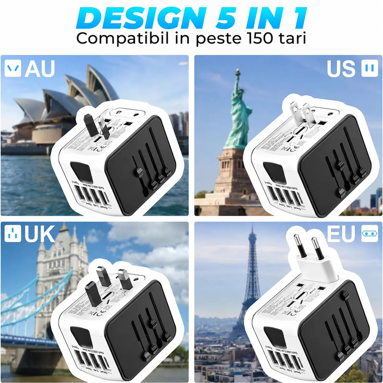 Timebox adaptor universal calatorie alb 3 USB Type-C