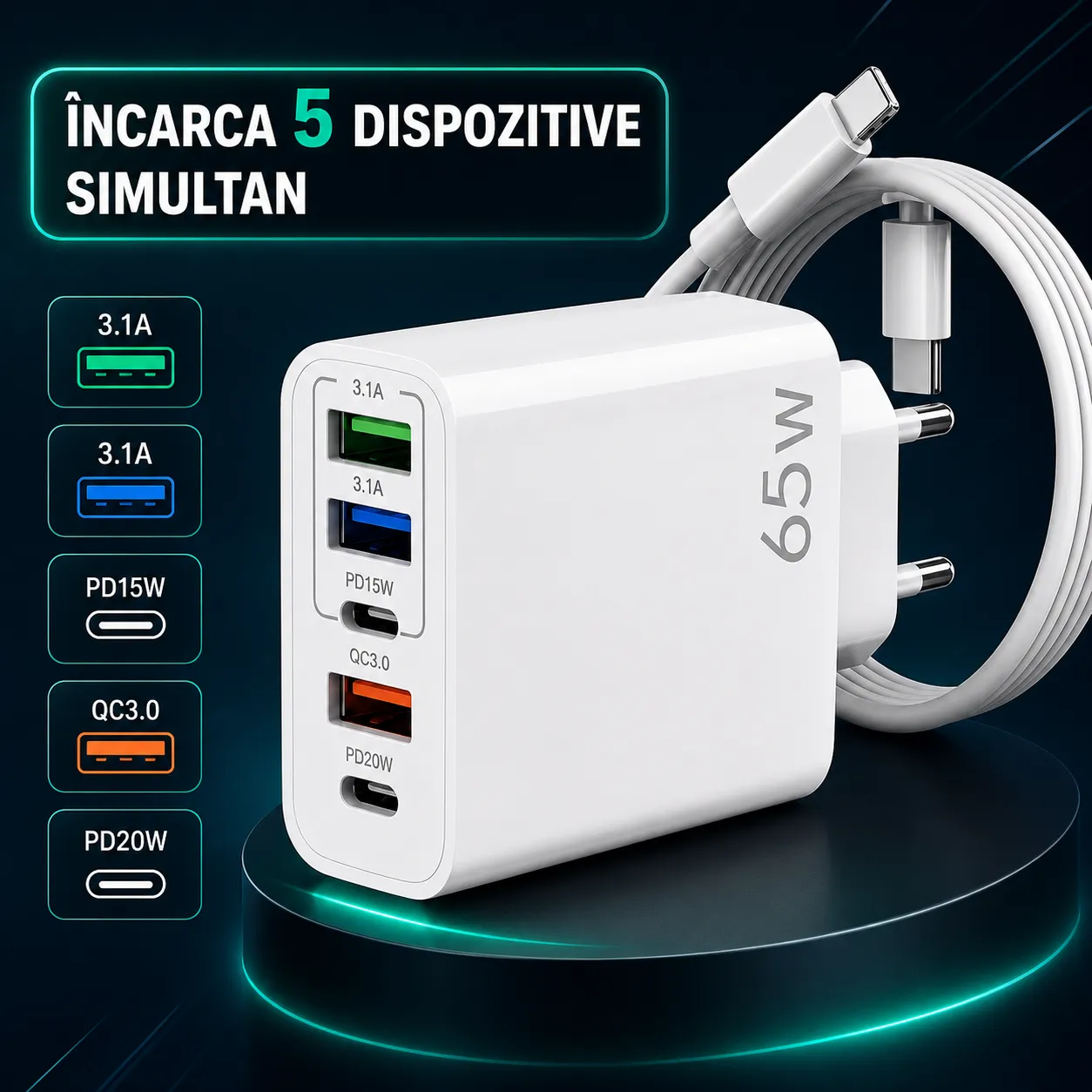 Statie Timebox incarcare 65W 5 porturi alb Lightning
