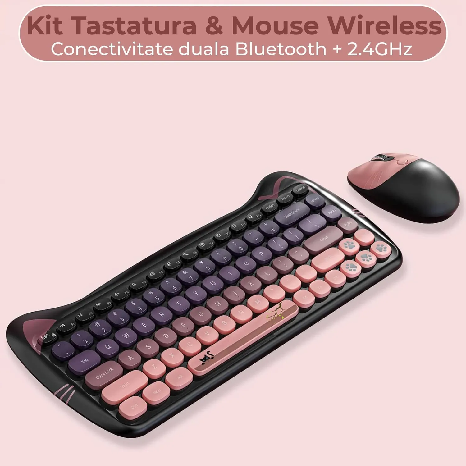 Timebox set tastatura mouse wireless 2.4GHz roz silentios