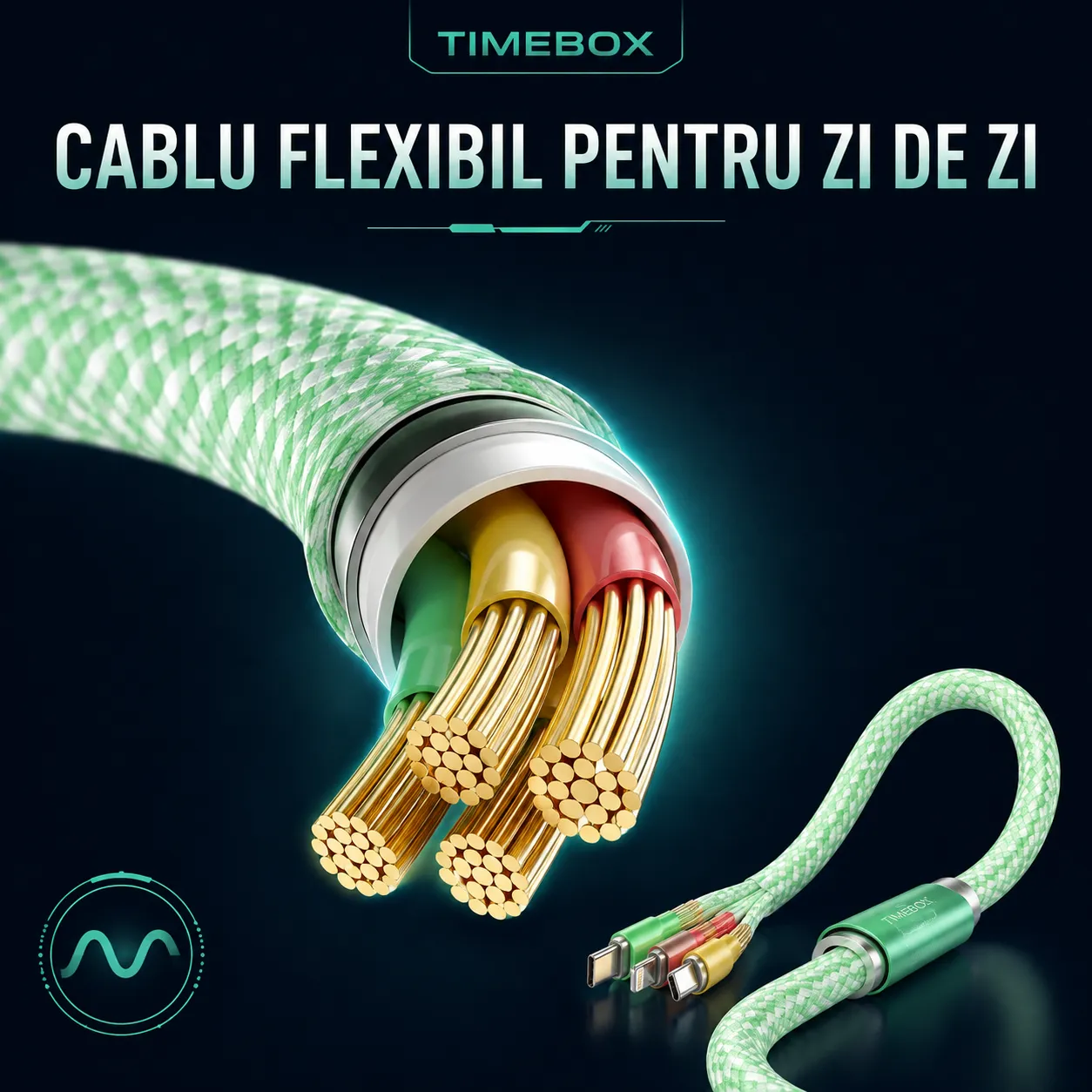 Timebox 3 in 1 cablu incarcare rapida 66W 2m verde QC3.0