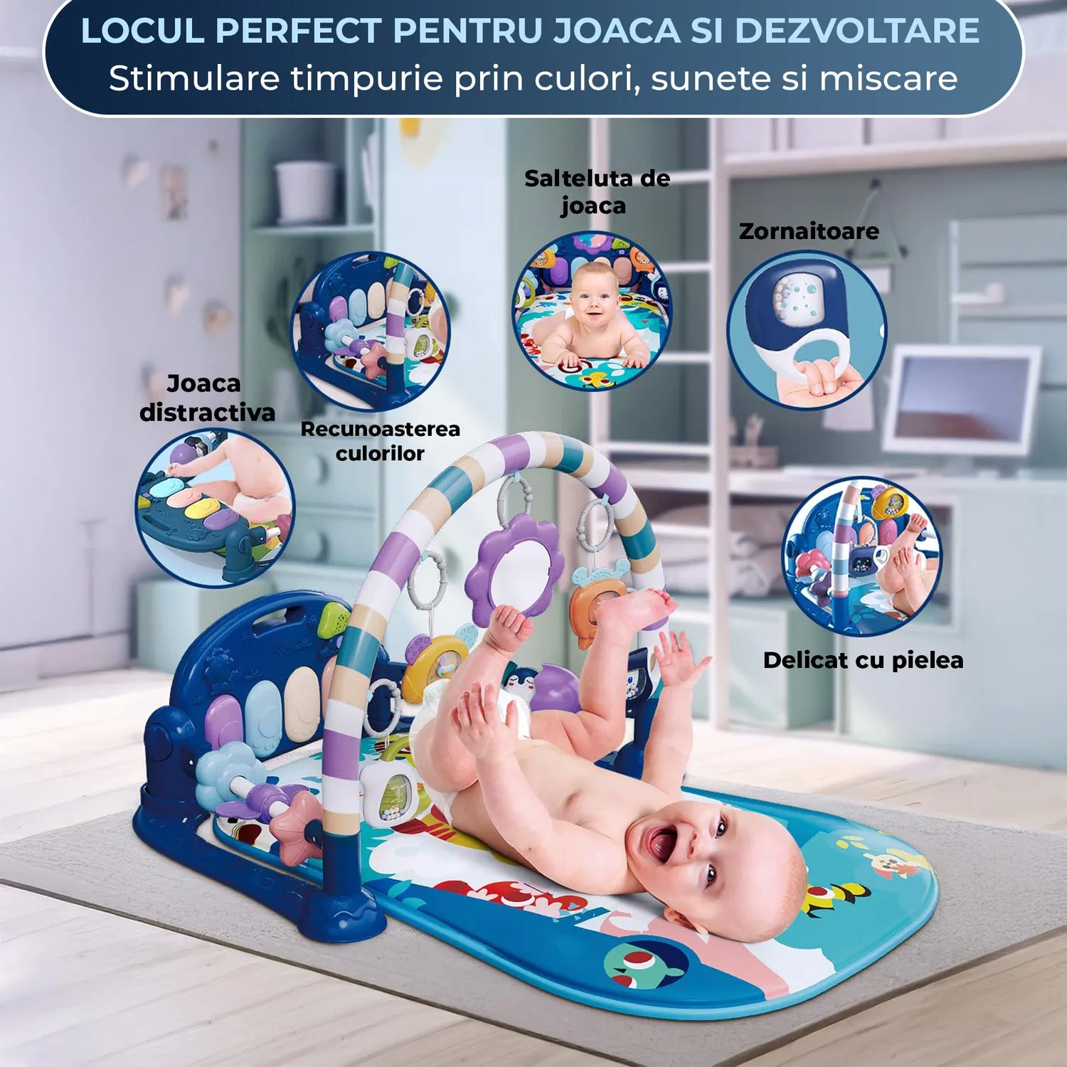 Timebox saltea Joaca Bebe cu pian senzoriala albastru 5in1