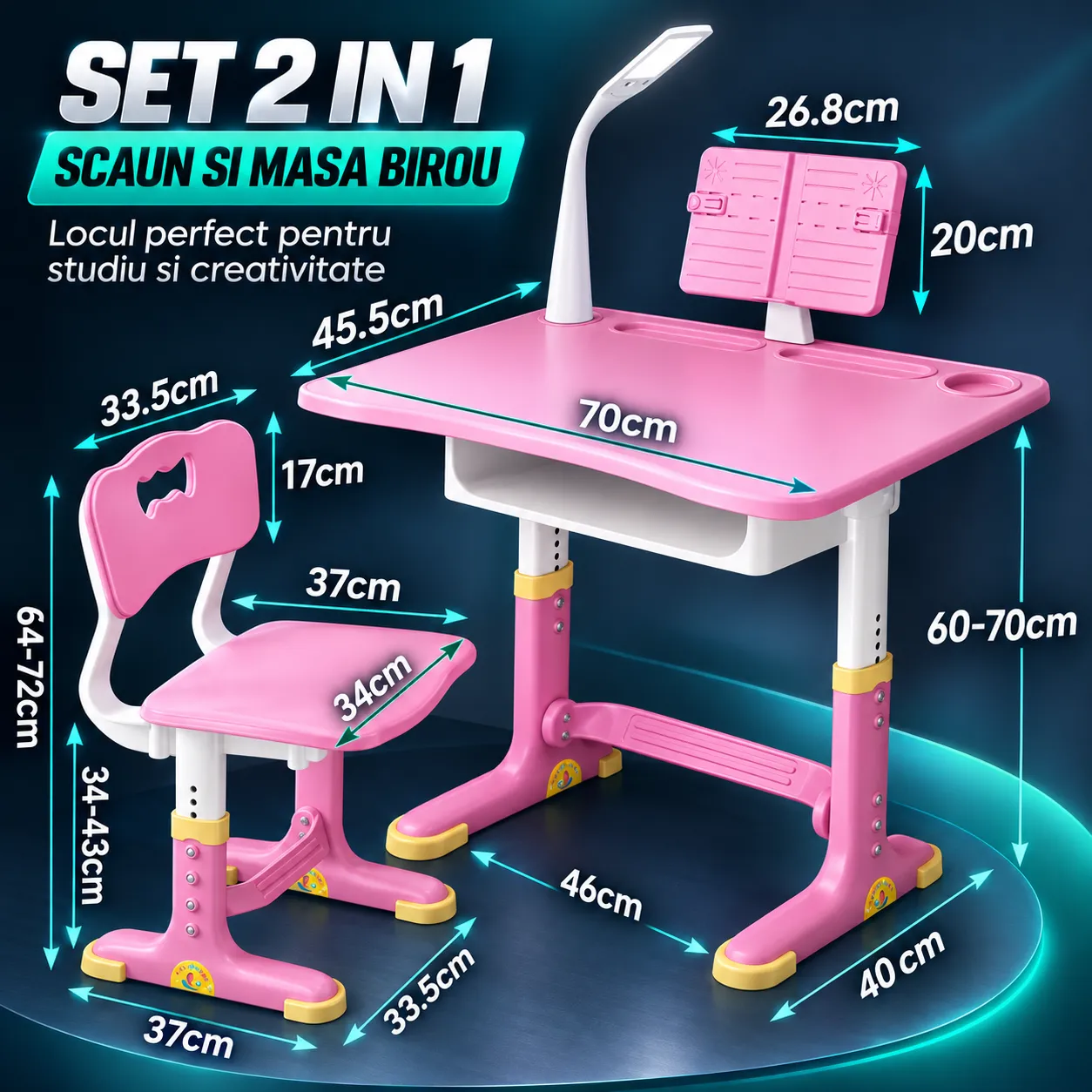 Timebox 6-18 ani birou copii roz 70x45 cm