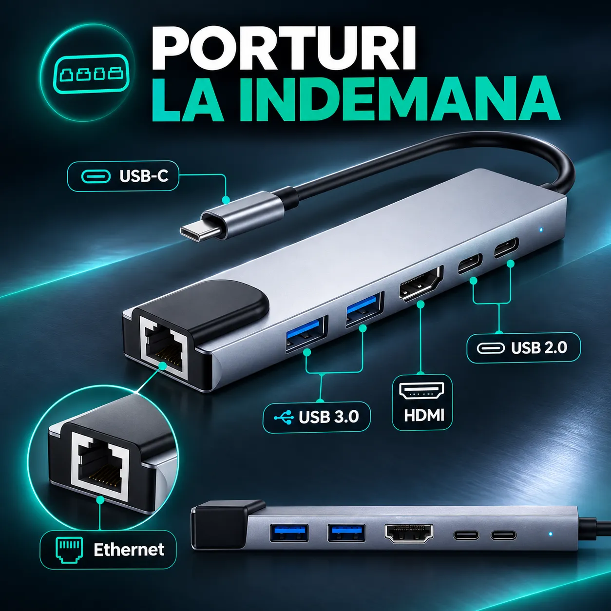 Timebox Hub USB 6 in 1 Type-C Ethernet Argintiu