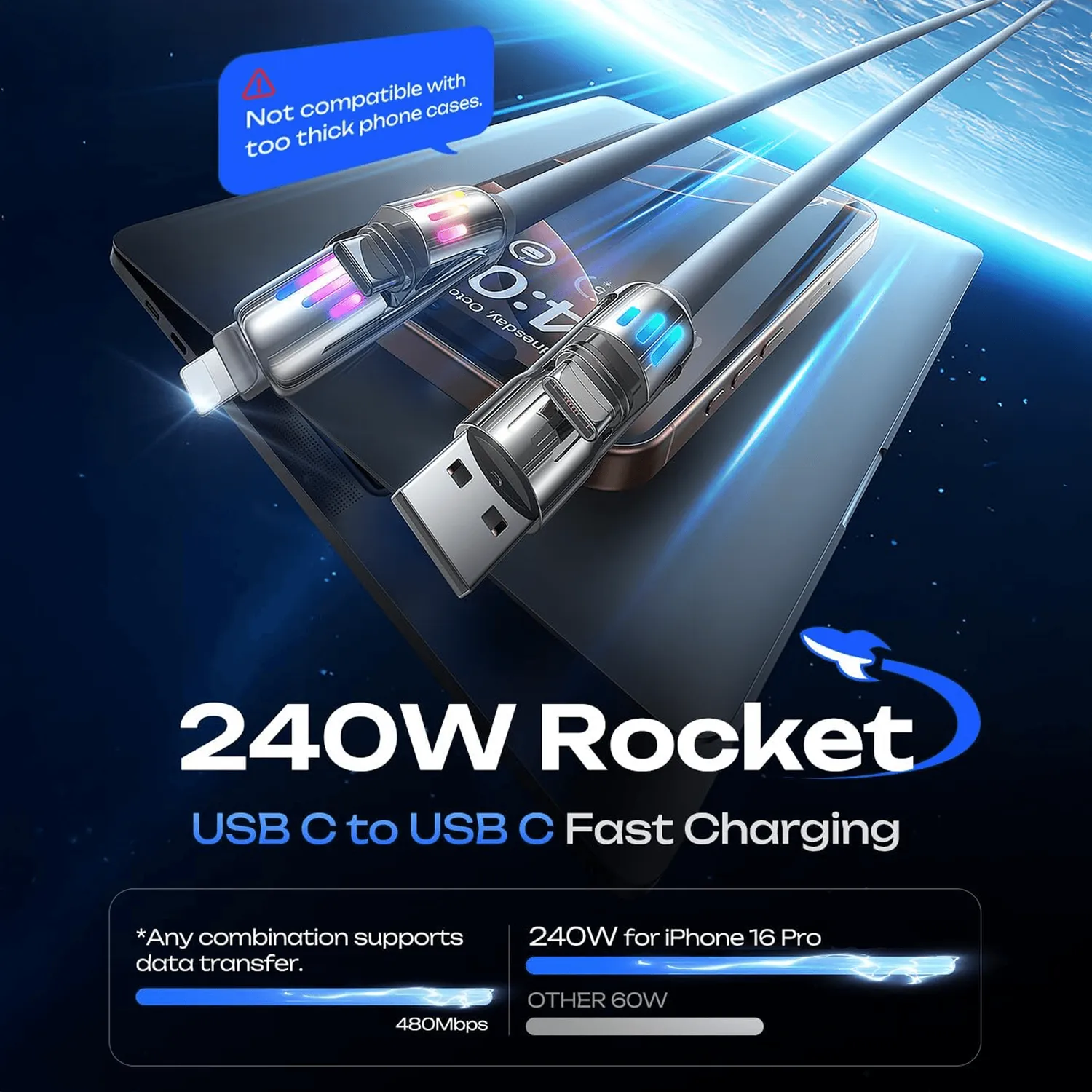 Timebox cablu 4 in 1 240W 2m gri USB-C Lightning