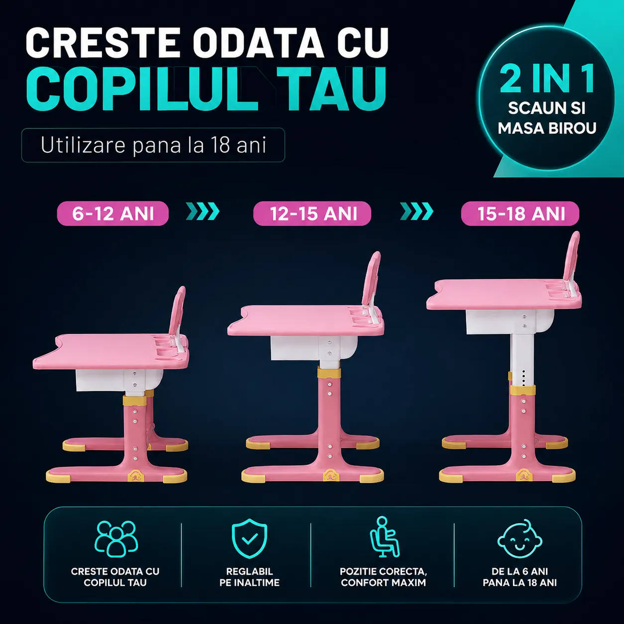 Timebox 6-18 ani birou copii roz 70x45 cm