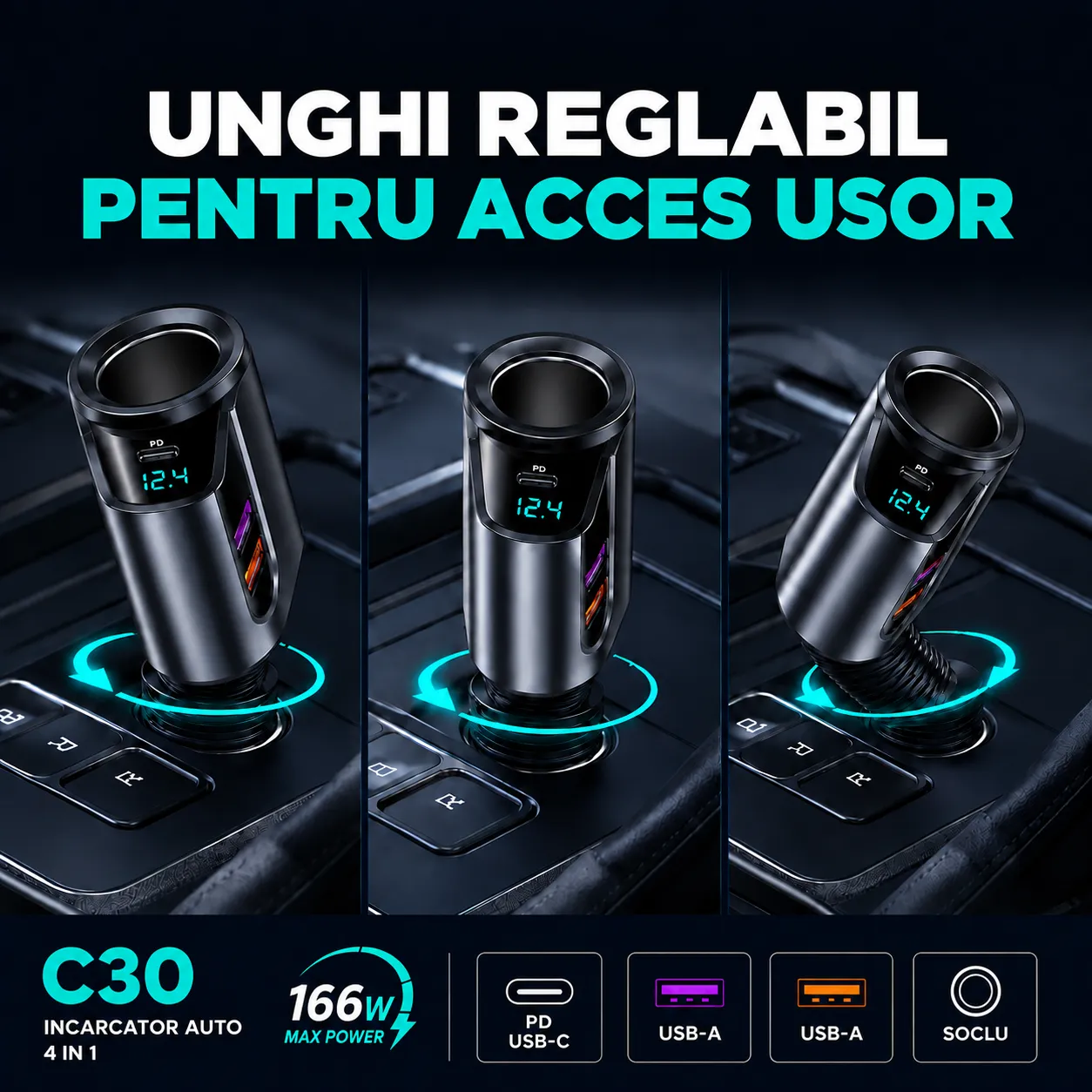 Adaptor auto Timebox 166W 4in1 negru USB-C PD