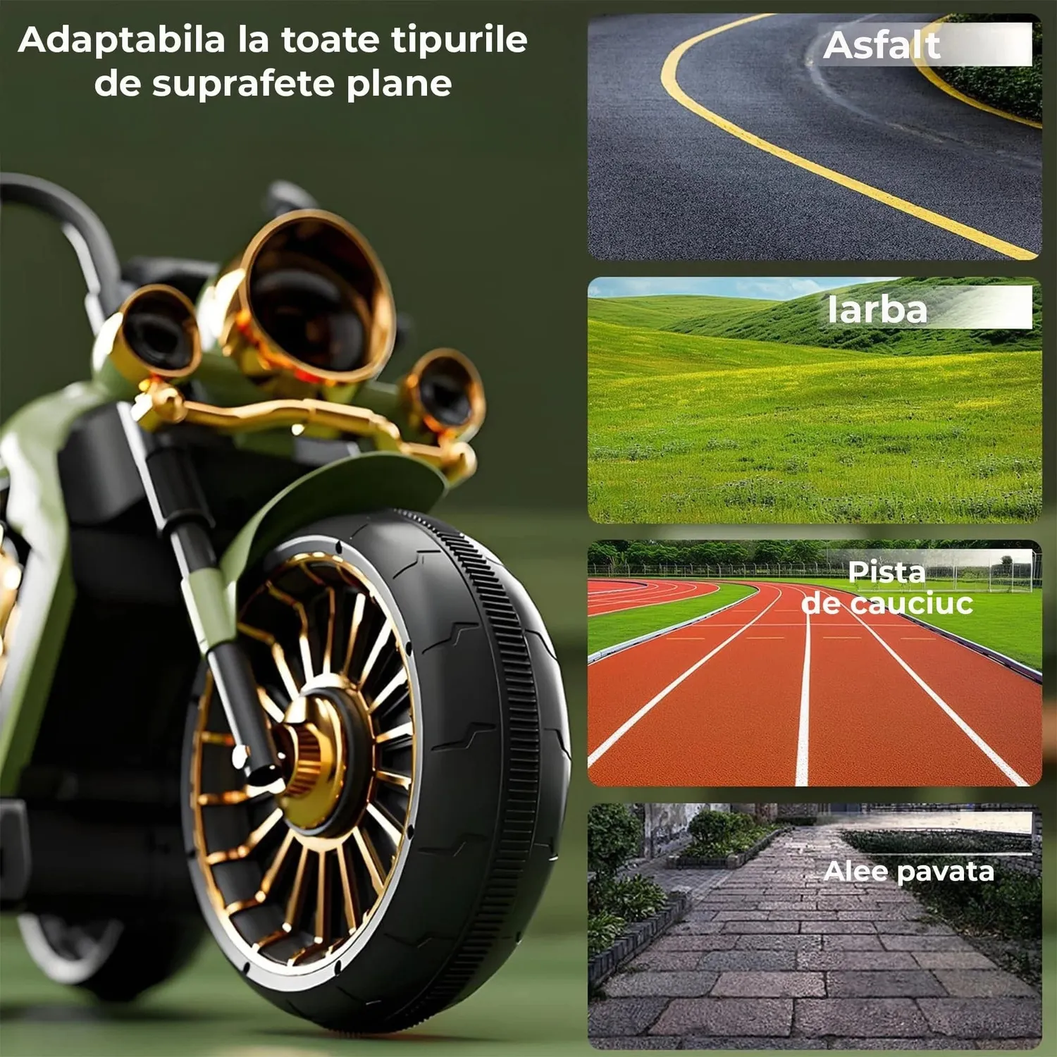 Timebox motocicletă electrică copii verde 3 roți