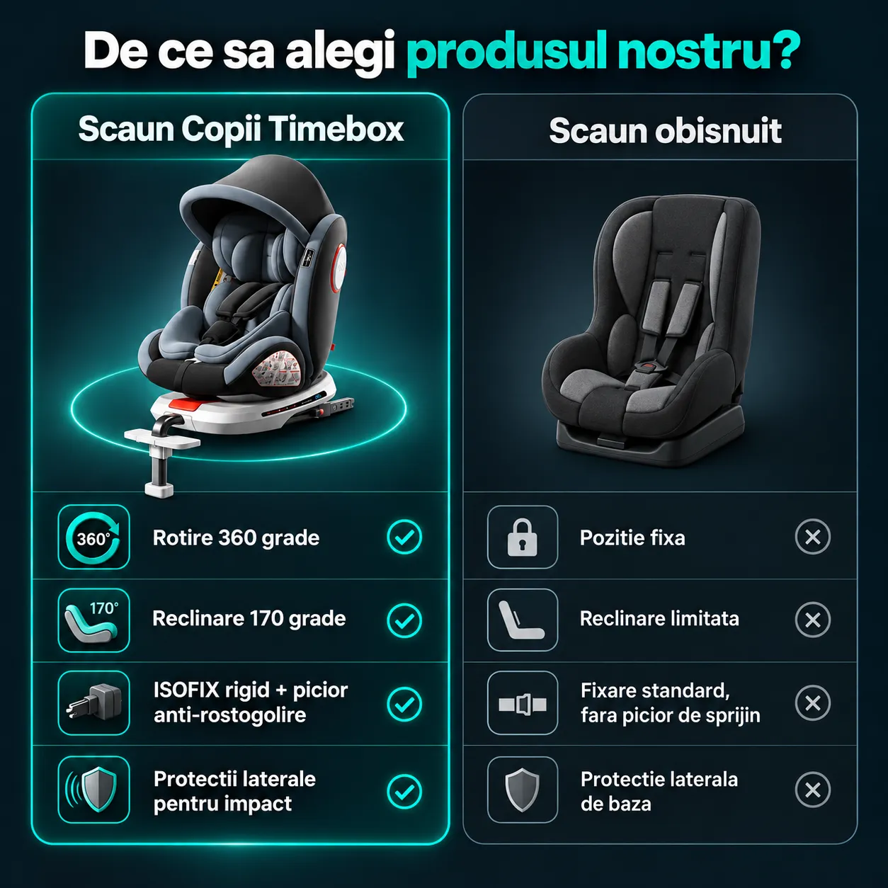 Timebox Scaun Auto Bebeluși 0-12 Ani 360° ISOFIX Gri
