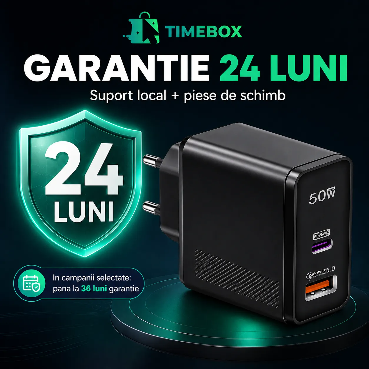 Timebox Incarcator Retea 2 Porturi 50W Negru