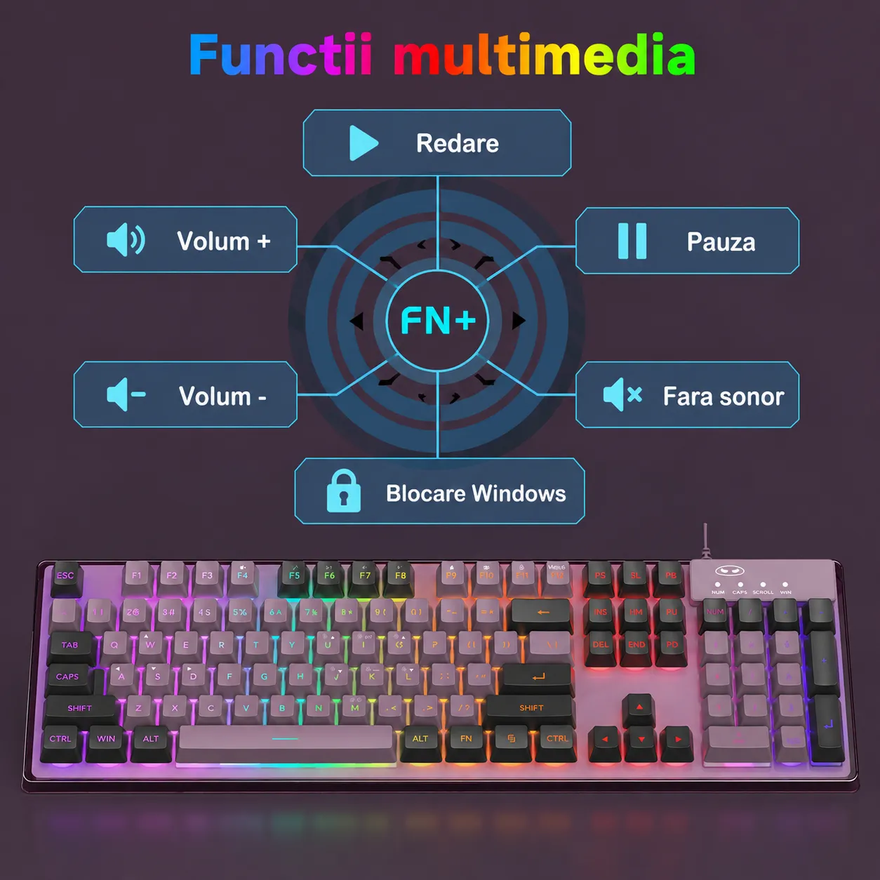 Timebox kit gaming tastatura mouse RGB mov full-size 8 culori