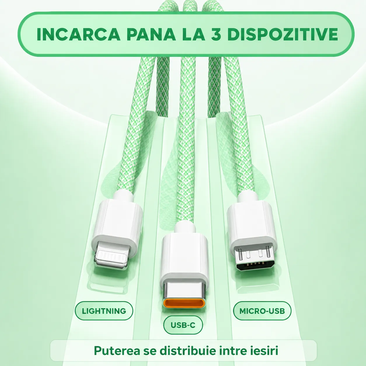 Timebox 3 in 1 cablu incarcare rapida 66W 2m verde QC3.0