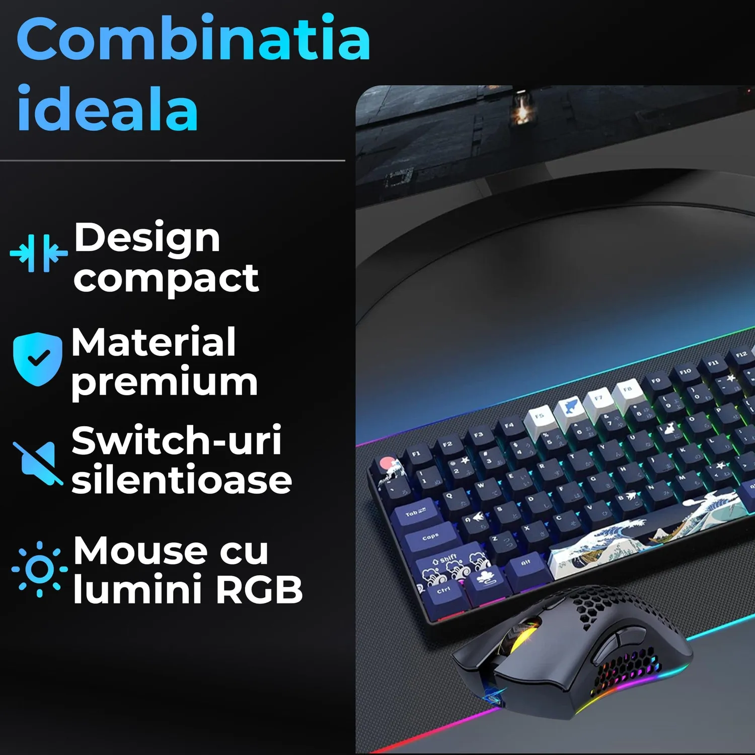 Timebox Set Gaming Tastatura 75% + Mouse Wireless Negru RGB
