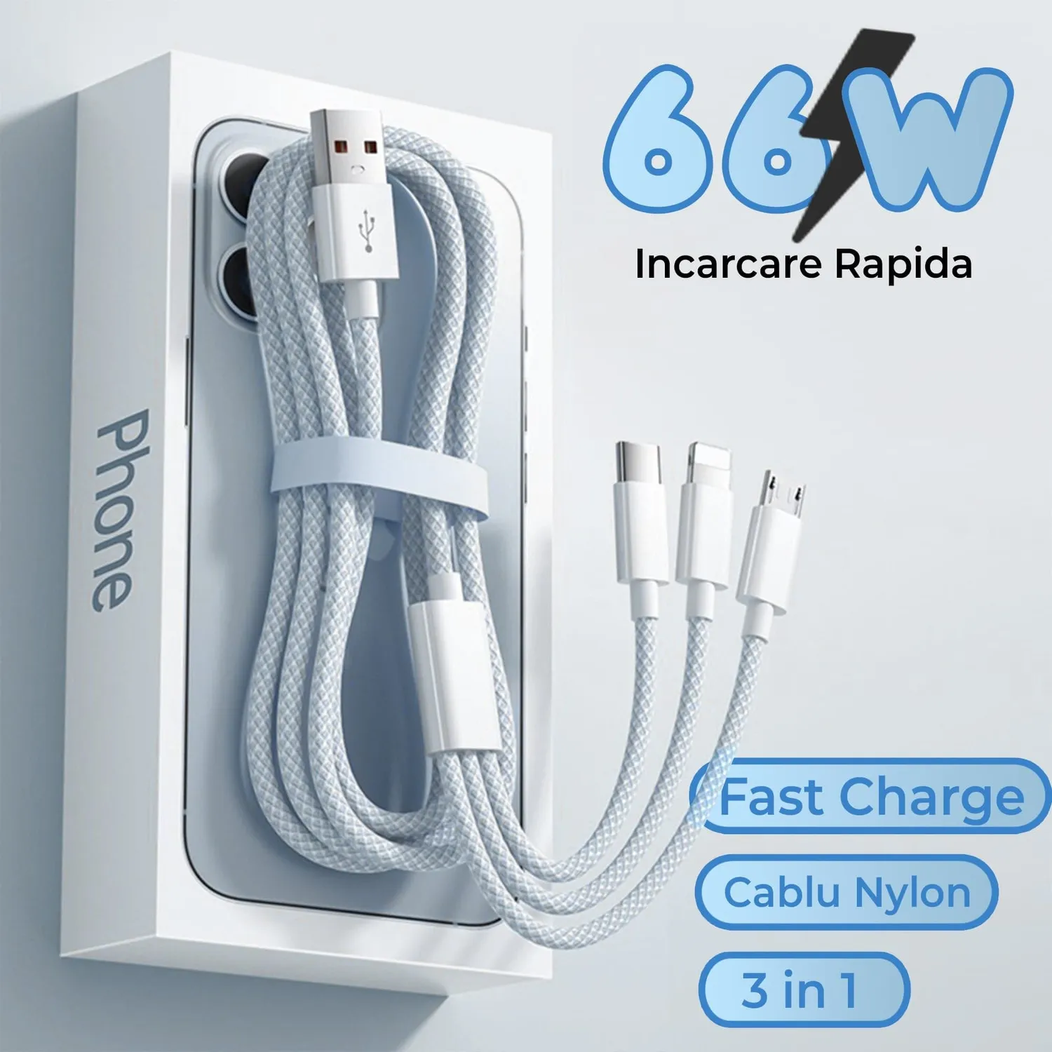 Timebox Cablu incarcare 3 in 1 66W 2m Gri QC 3.0