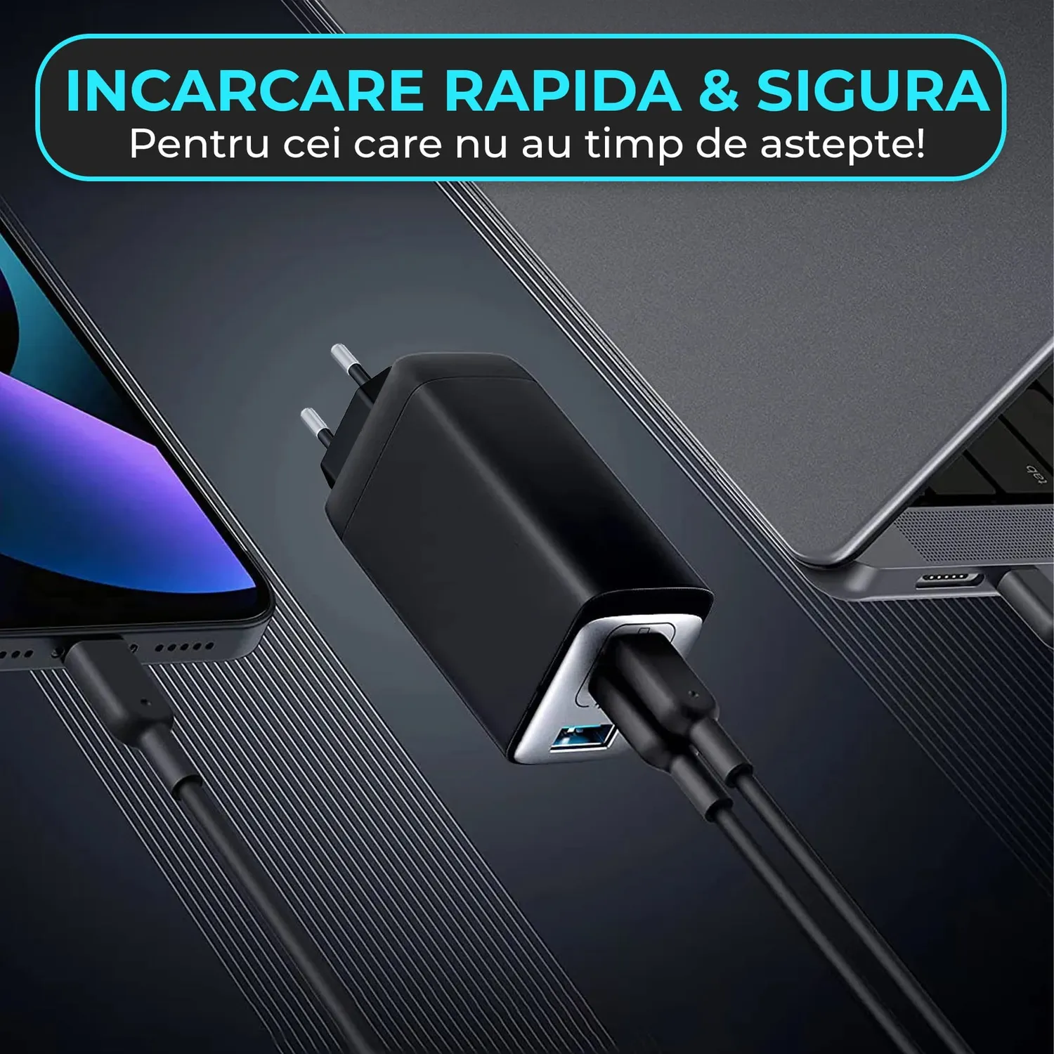 Timebox 65W incarcator retea 3 porturi 2xType-C negru LED