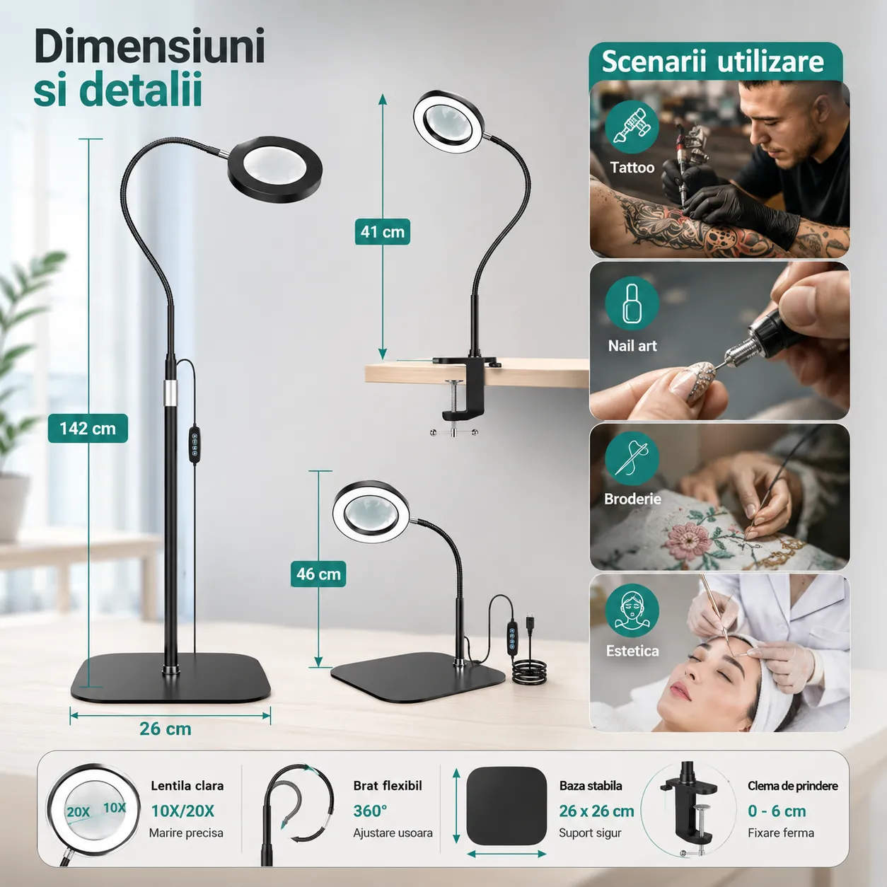 Timebox 20X lampa cu lupa podea reglabila 3 culori