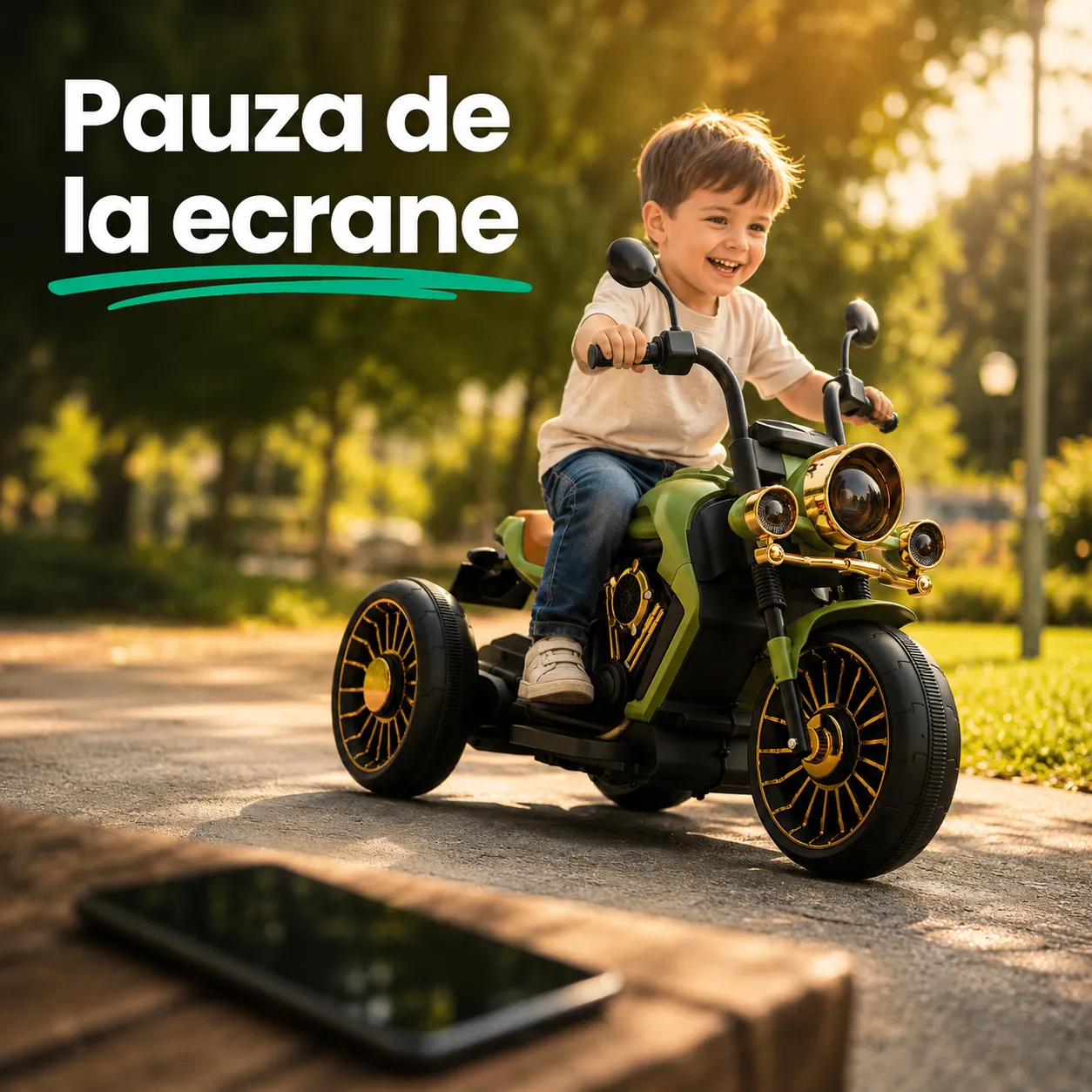 Timebox motocicletă electrică copii verde 3 roți